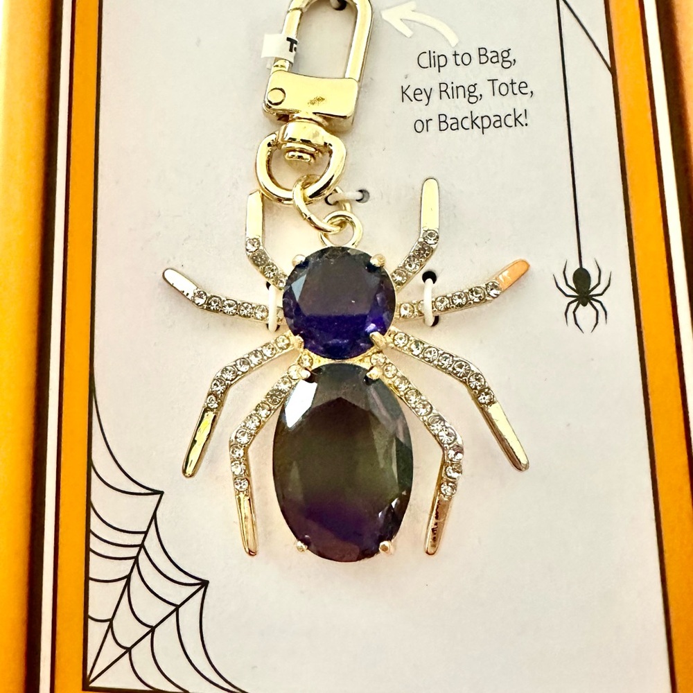 TRUE TO FORM SPIDER HANDBAG CHARM has crystal studded legs Clips to tote bag NEW